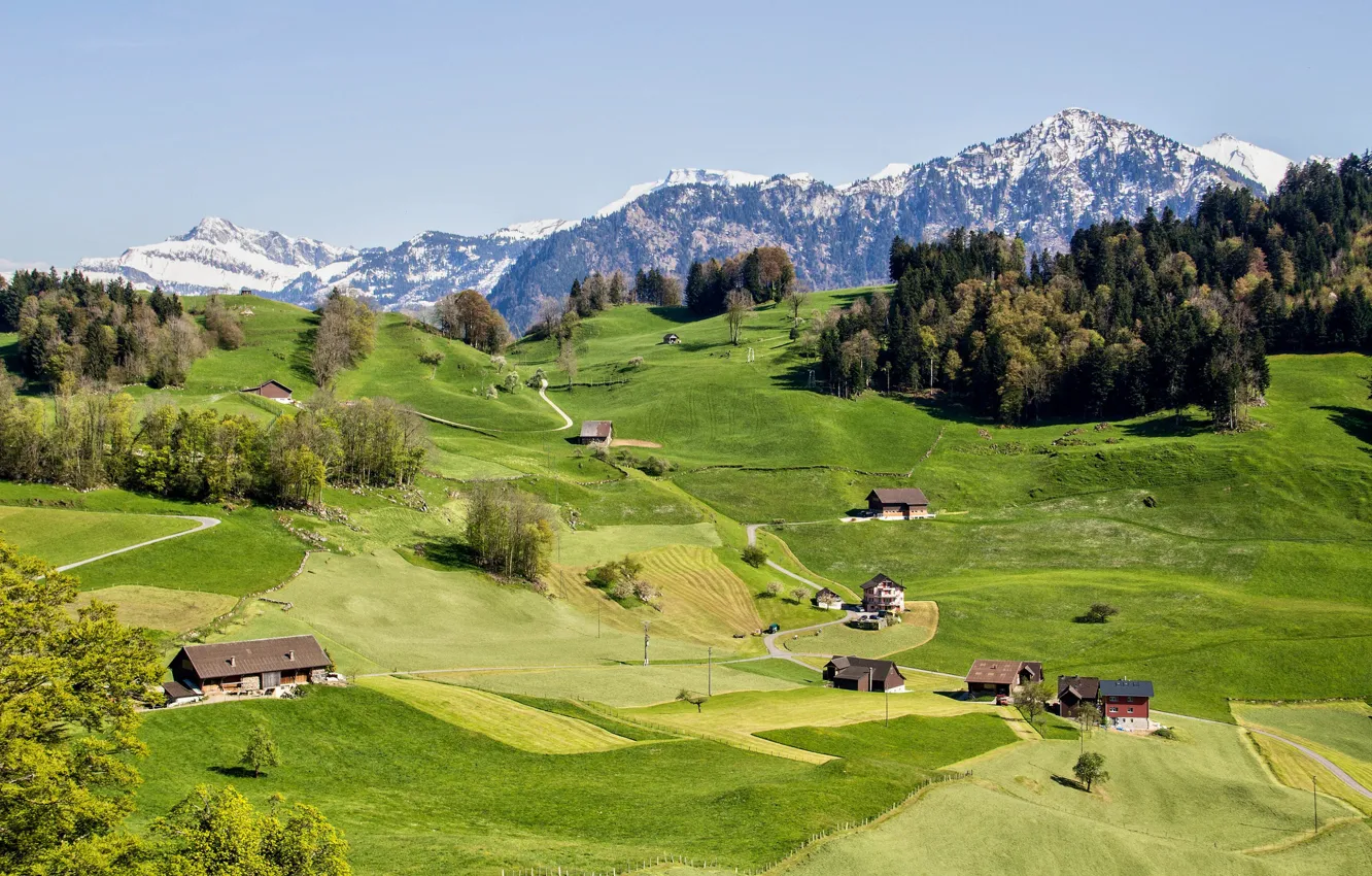 Фото обои горы, Швейцария, домики, Canton of Nidwalden, Burgenstock