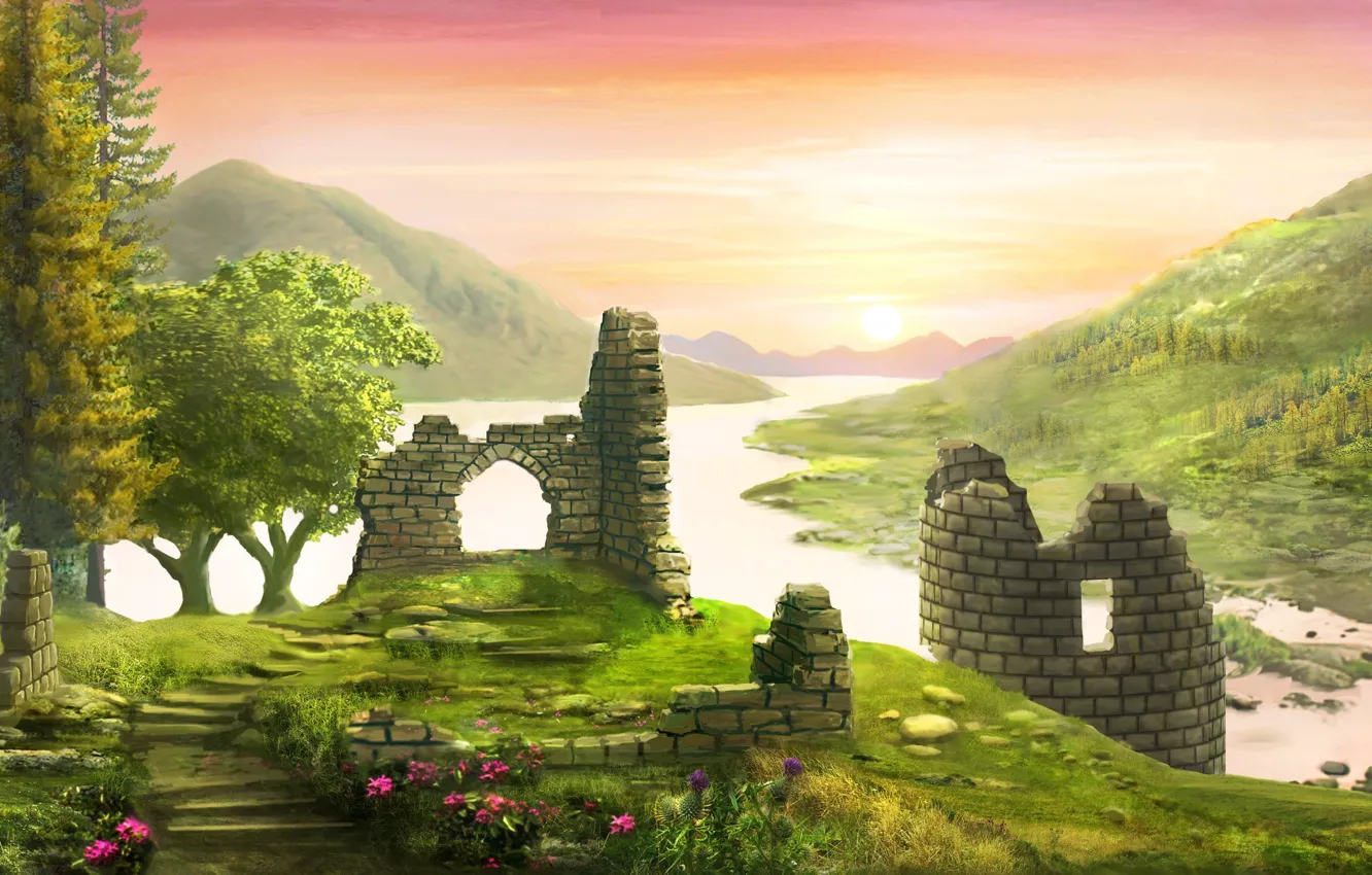 Фото обои лес, цветы, река, замок, холмы, башня, арт, руины