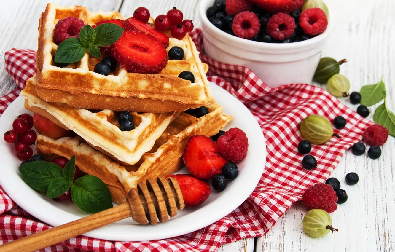 Фото обои ягоды, малина, завтрак, черника, вафли, breakfast, fresh berries