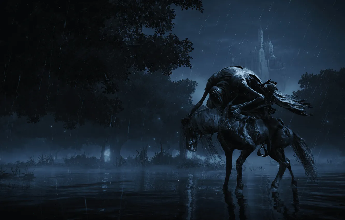 Фото обои rain, landscape, from software, game art, Elden Ring, Ночной всадник