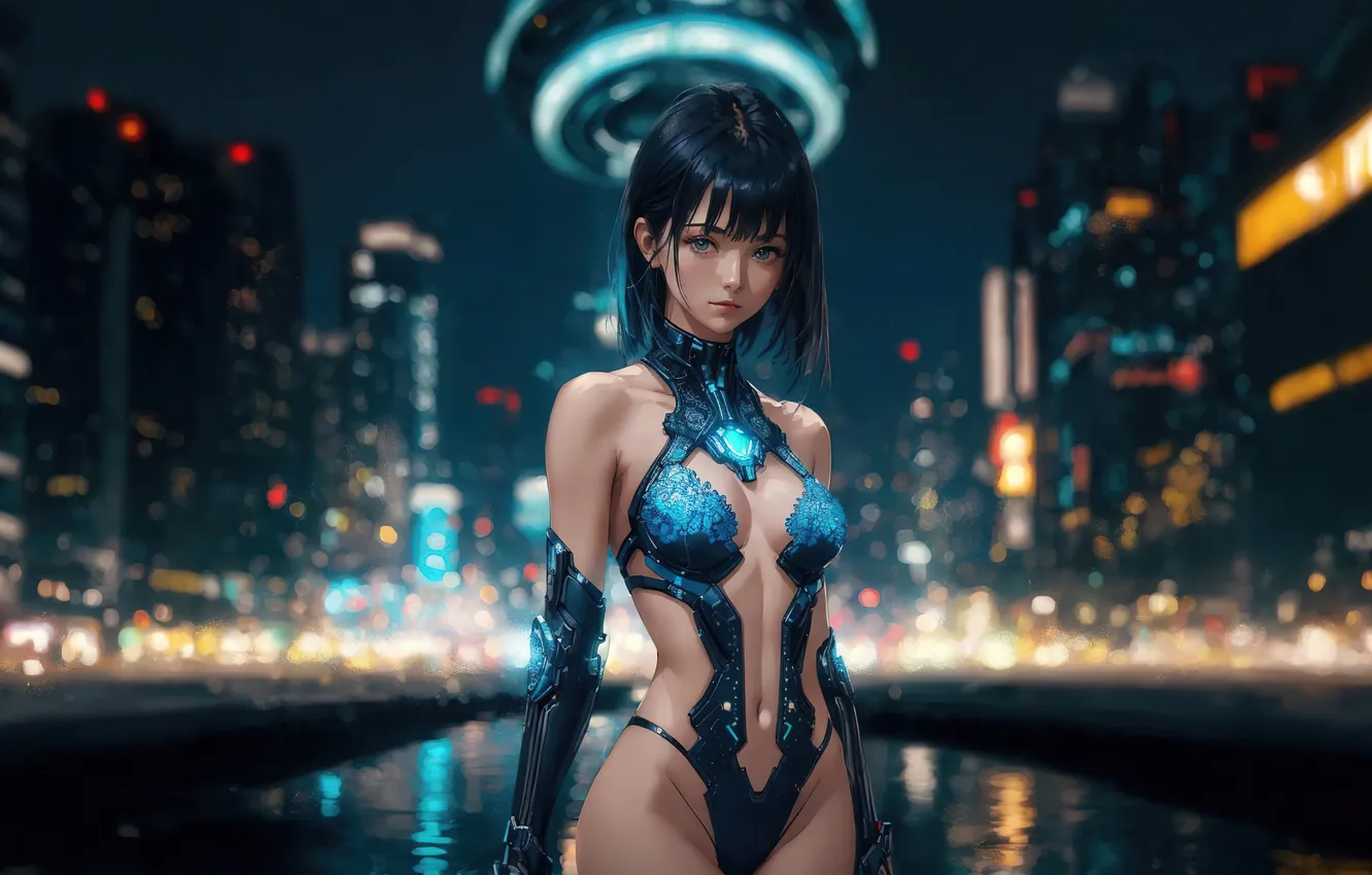 Фото обои city, girl, fantasy, anime, night, art, cyberpunk, painting