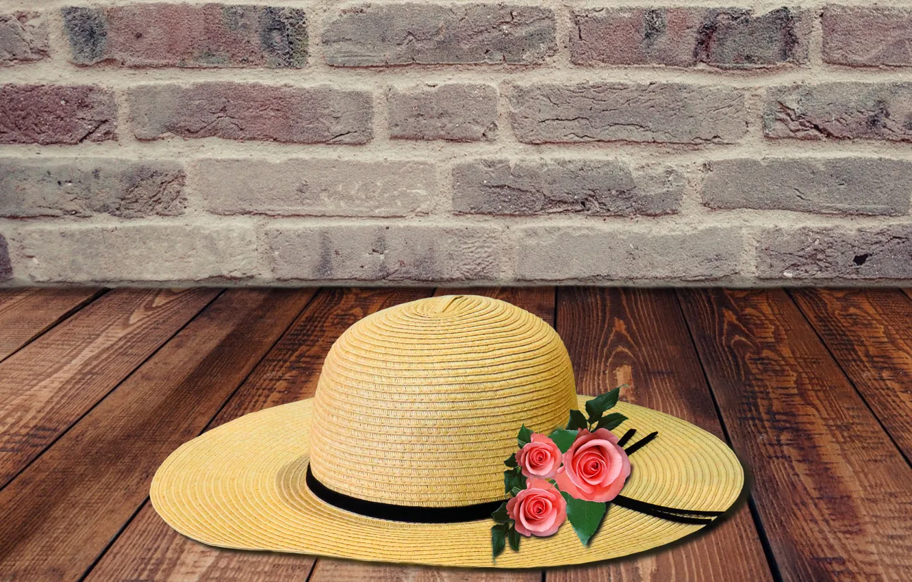 Фото обои wall, hat, bricks, floor, roses
