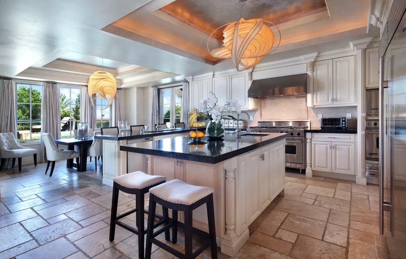 Фото обои цветы, дизайн, кухня, светильник, особняк, Design, Interior, Kitchen