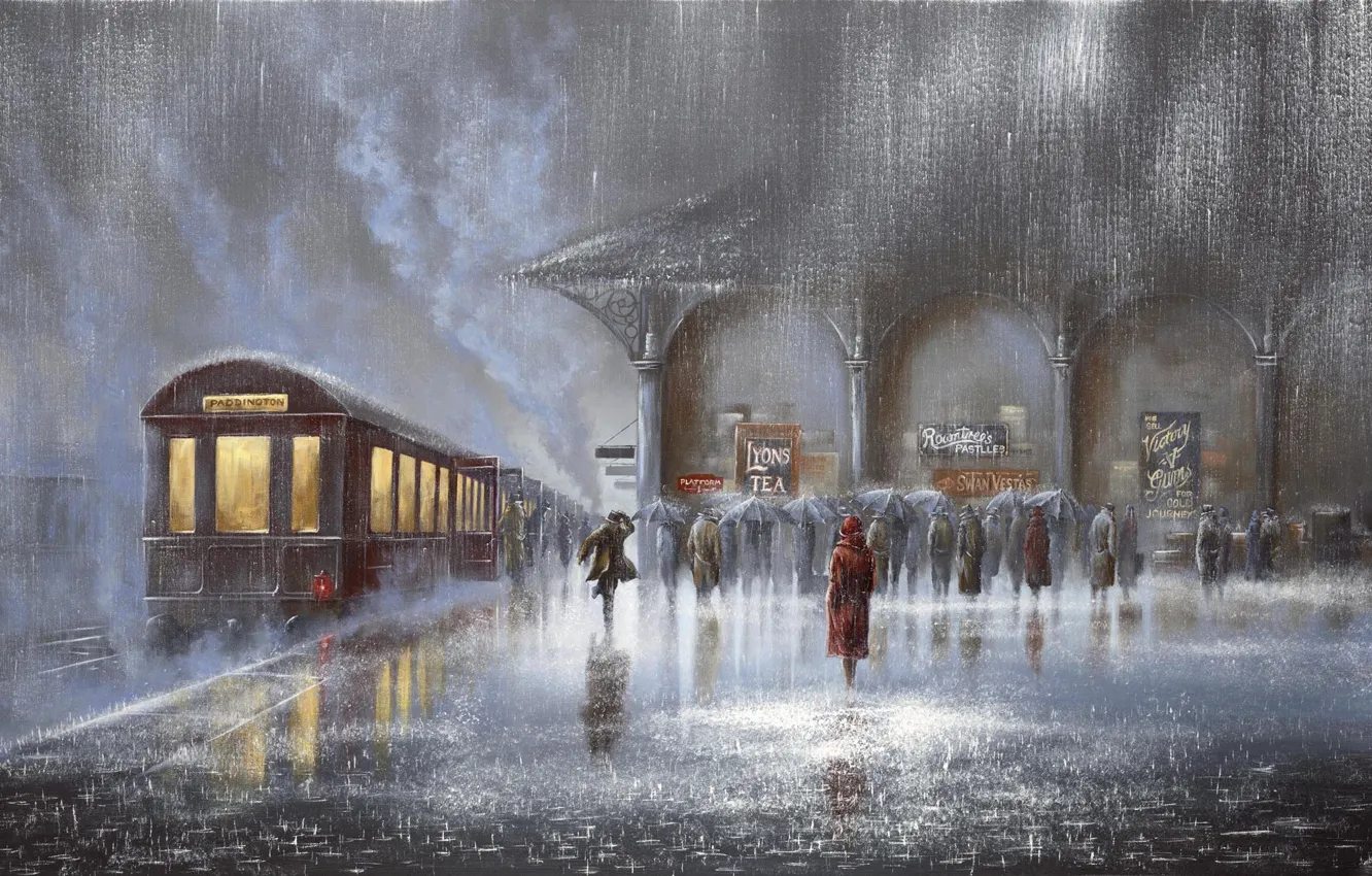 Фото обои люди, дождь, женщина, встреча, вокзал, поезд, картина, вагон