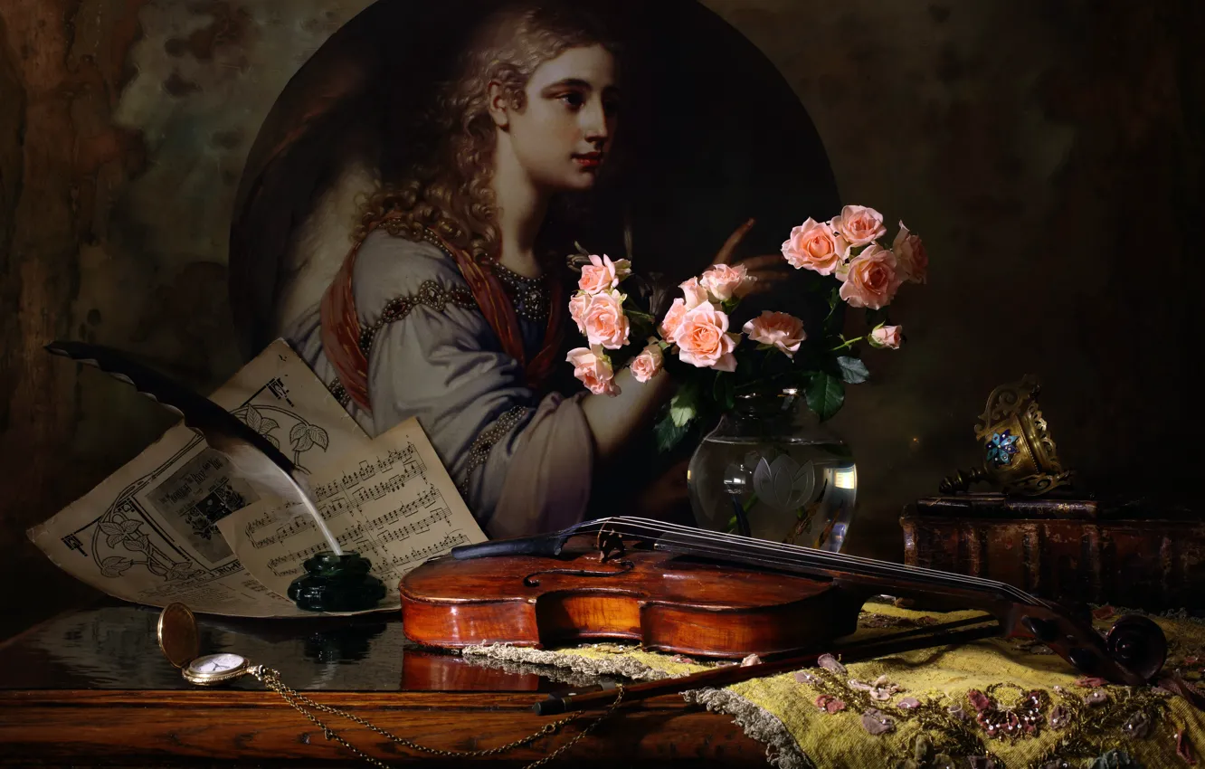 Фото обои ноты, скрипка, розы, картина