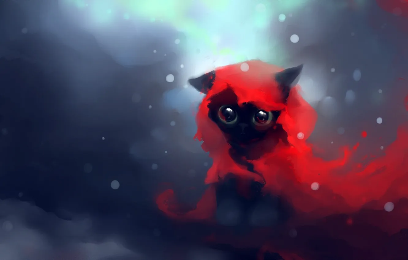 Фото обои глаза, взгляд, снег, котенок, красное, apofiss