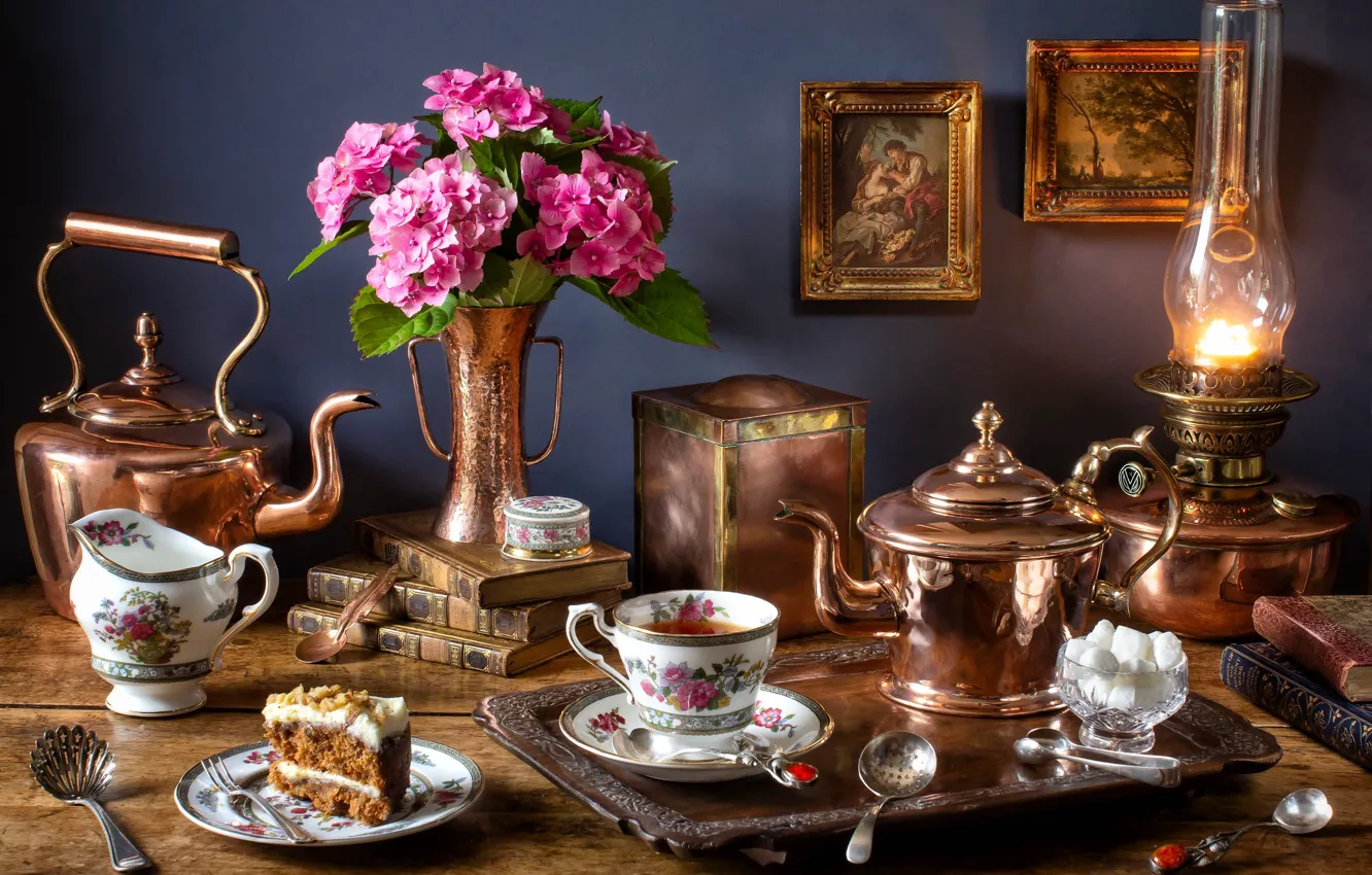 Фото обои цветы, чай, букет, торт, натюрморт