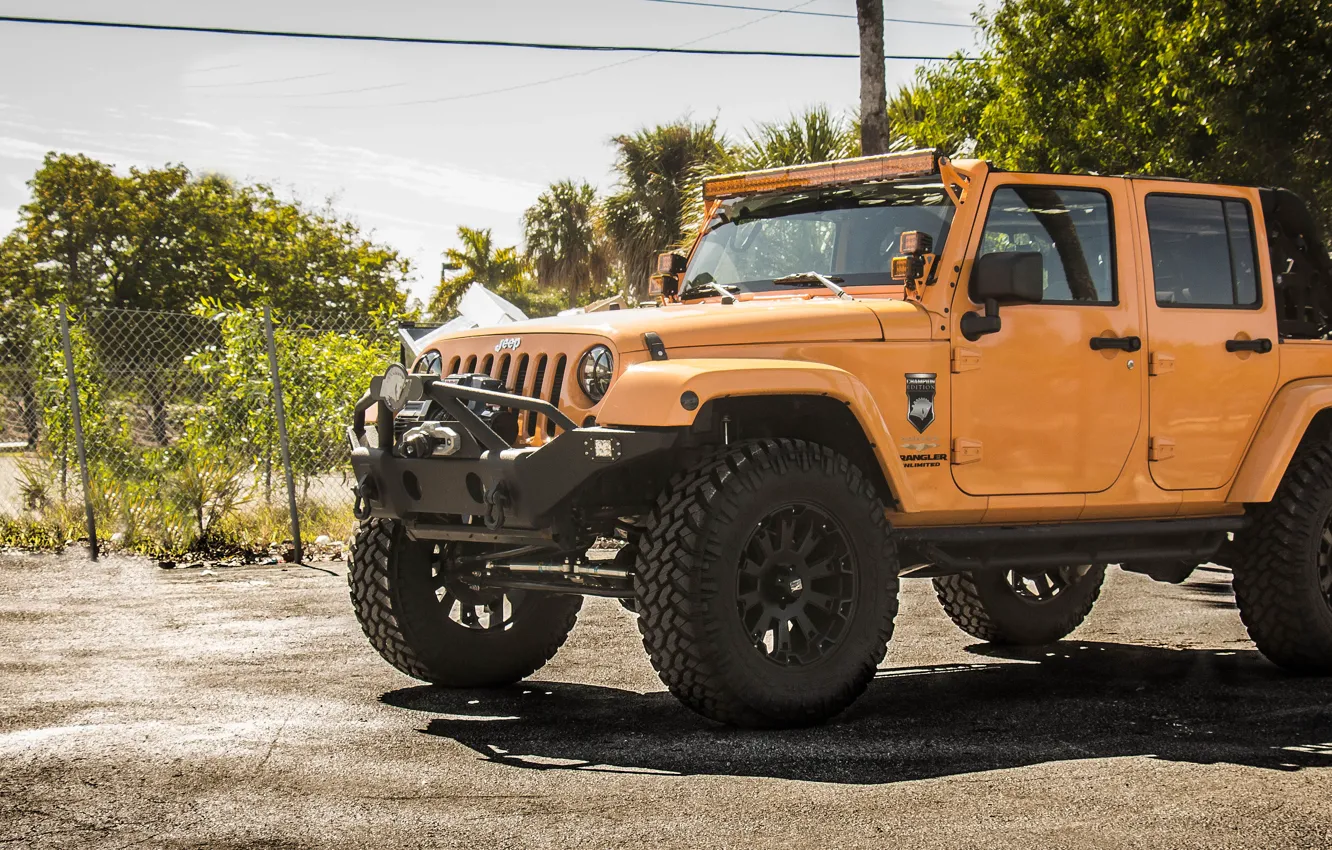 Фото обои wheels, monster, jeep, orange, 4x4, offroad, jeep wrangler, big rims