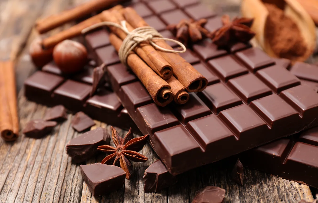 Фото обои шоколад, корица, сладкое, плитки, лесные орехи, анис
