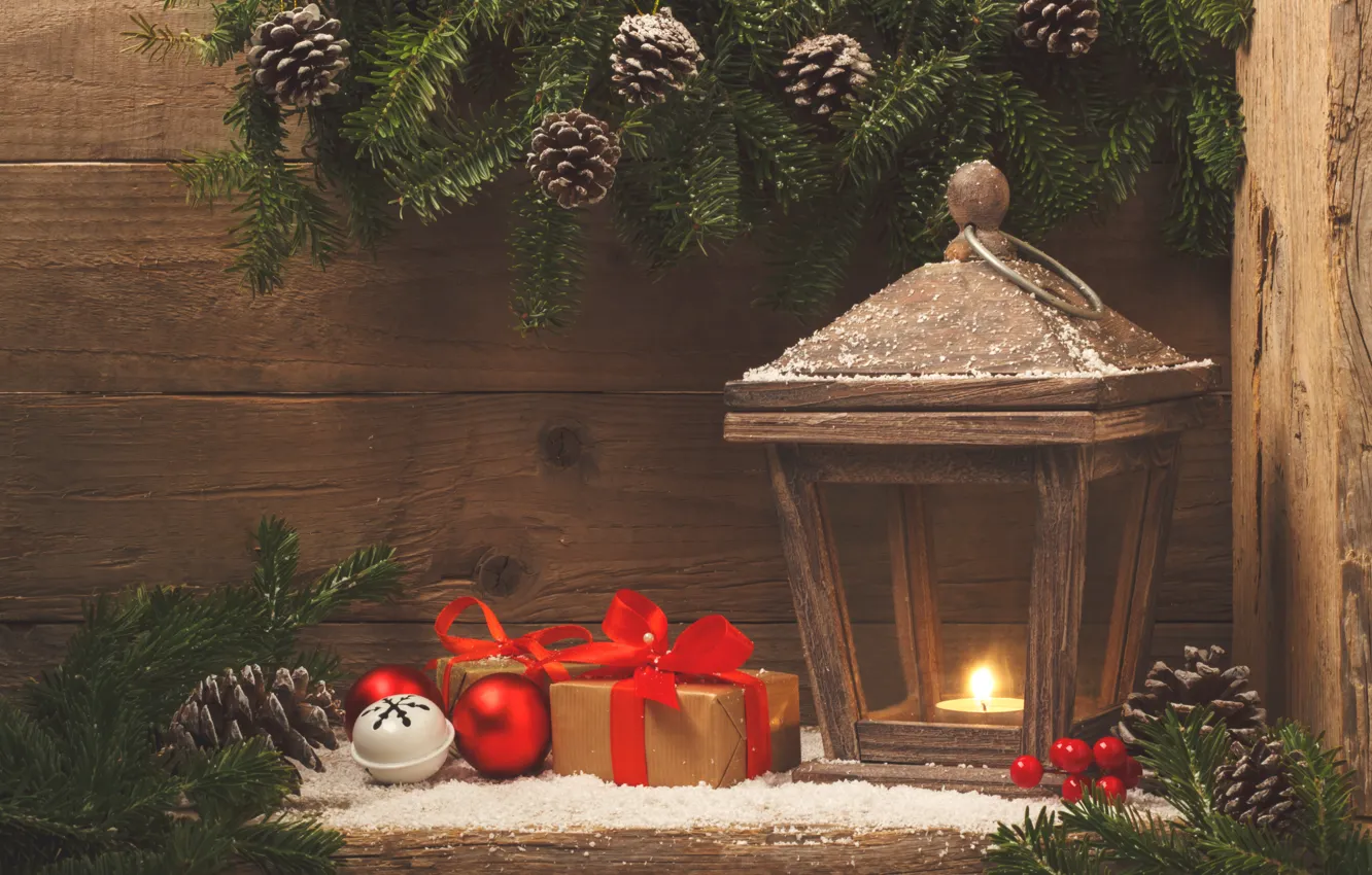 Фото обои снег, украшения, шары, Новый Год, Рождество, фонарь, подарки, Christmas