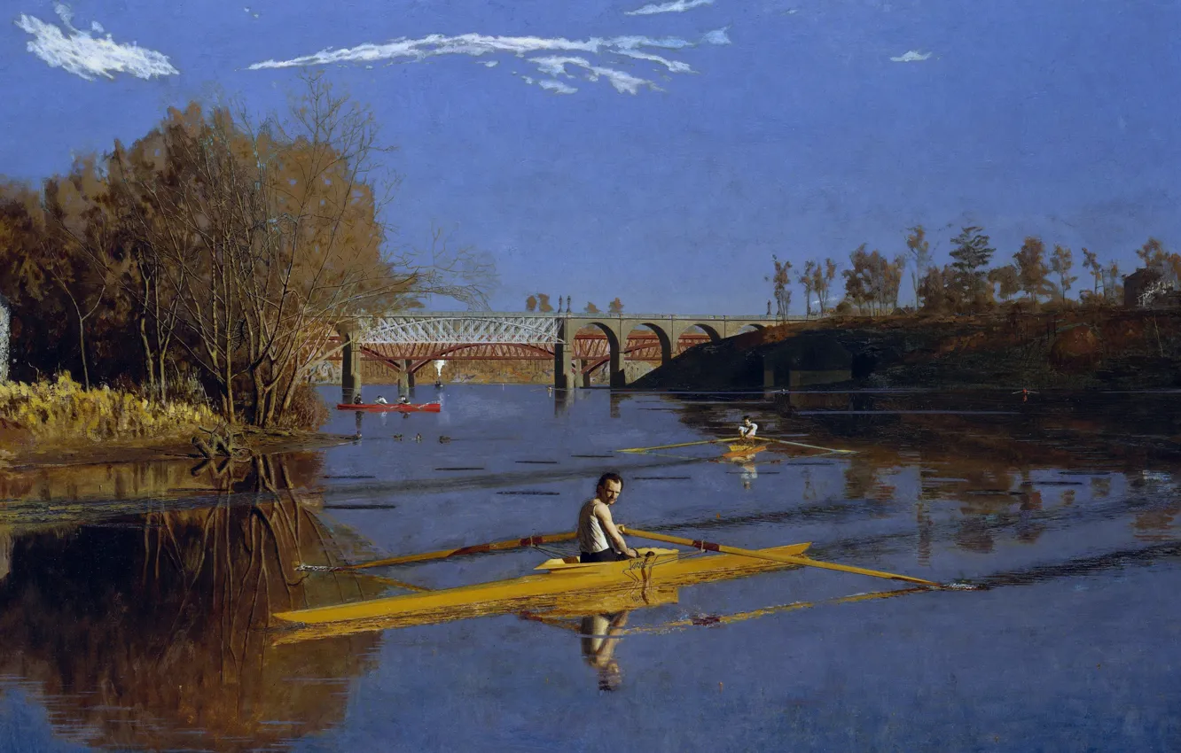 Фото обои мост, спорт, картина, байдарка, Thomas Cowperthwaite Eakins, Чемпион Макс Шмитт в Сингл-Скуллс