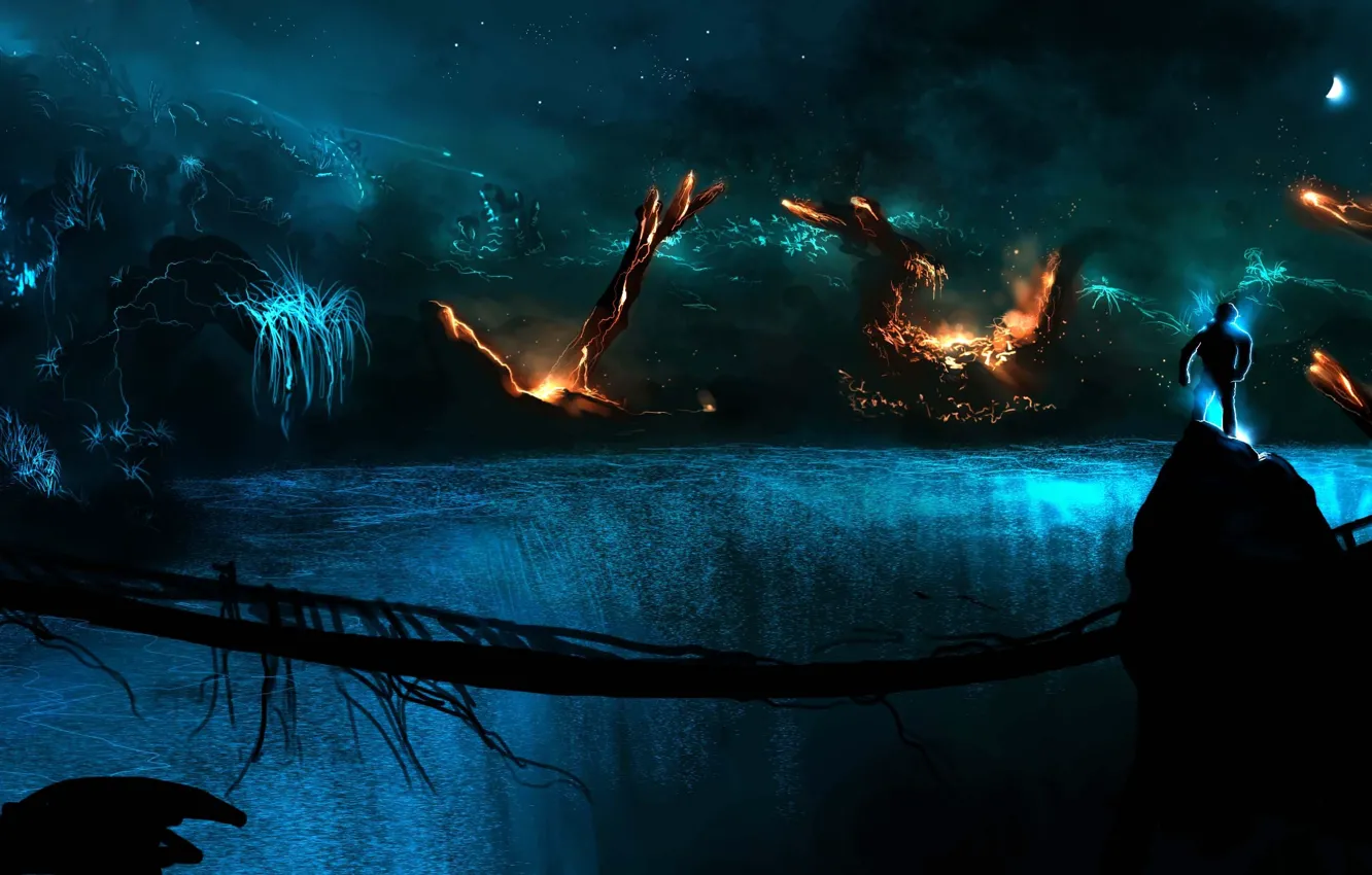 Фото обои мост, скалы, огонь, темно, планеты, человек, арт, Alberto Vangelista