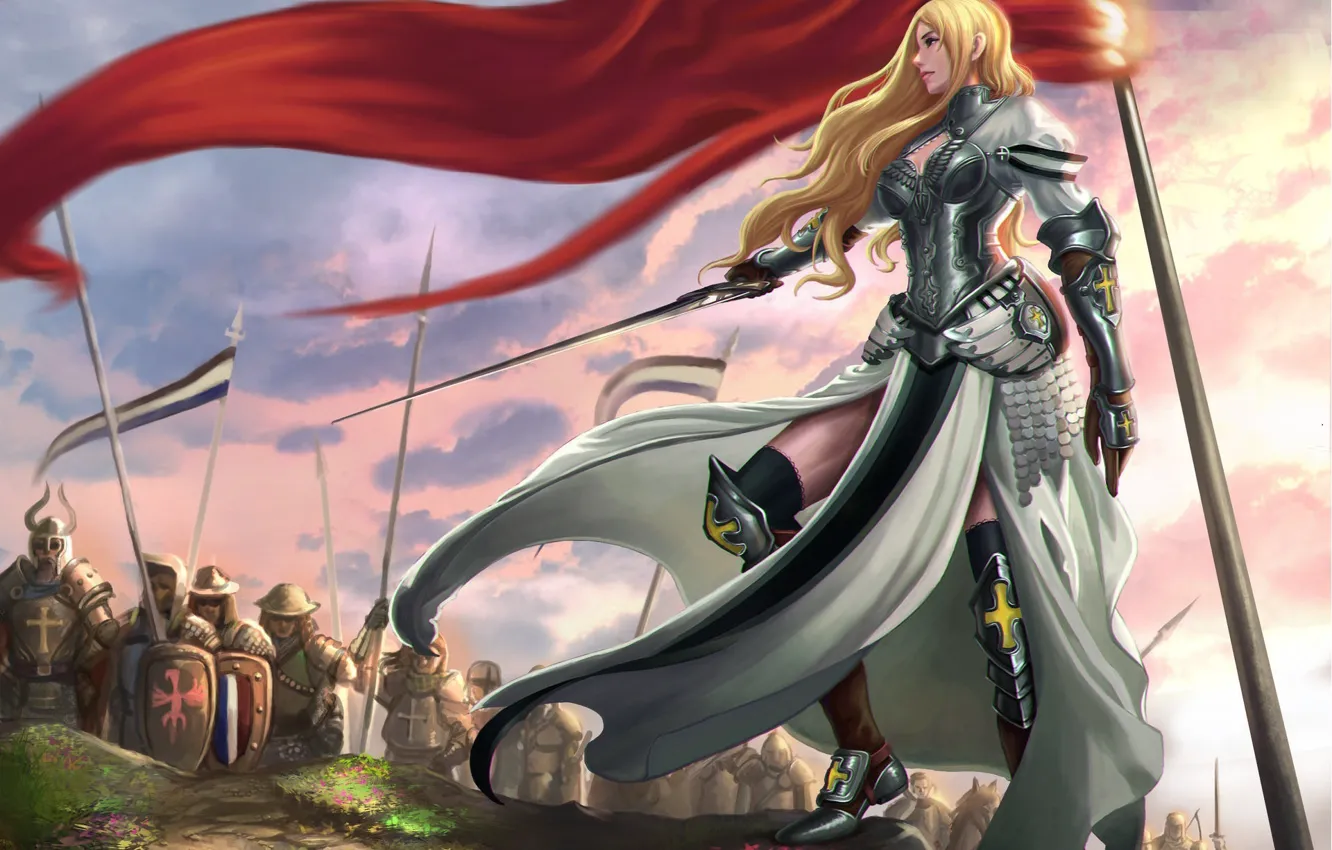 Фото обои поза, оружие, меч, доспехи, арт, войско, девушка. воин, красный флаг