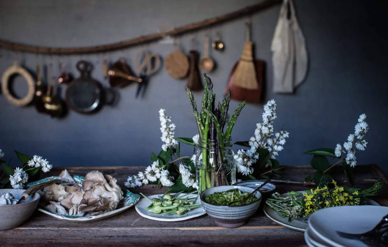 Фото обои flowers, mushroom, kitchen, asparagus
