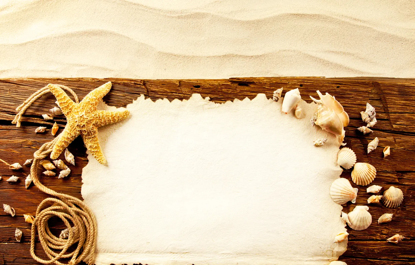 Фото обои песок, бумага, веревка, ракушки, морские звезды