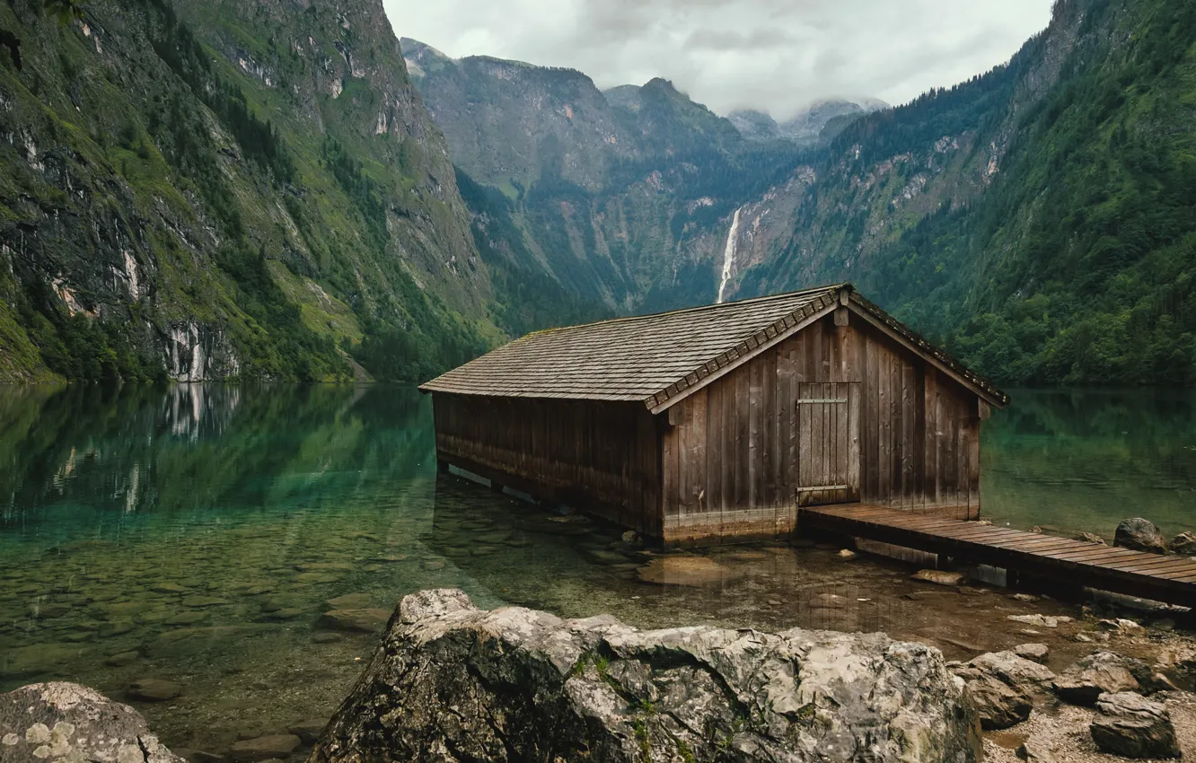 Фото обои лес, горы, озеро, камни, Германия, Бавария, домик, Lake Obersee