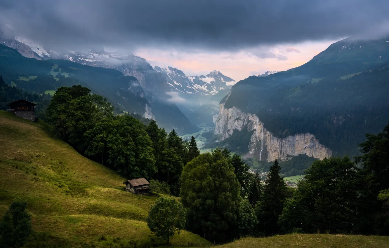 Фото обои Горы, утро, Швейцария, домик, Лаутербруннен, Wengen