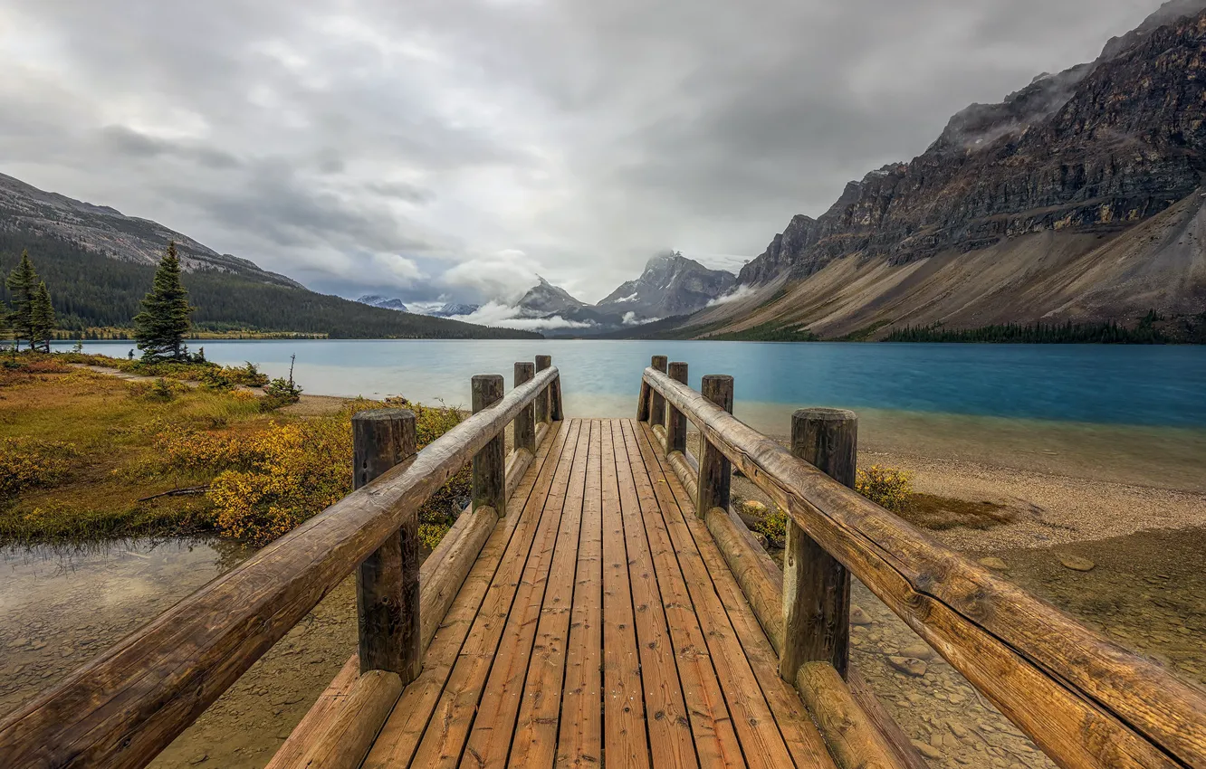 Фото обои Alberta, Canadian Rockies, Bow Lake, Misty Morning