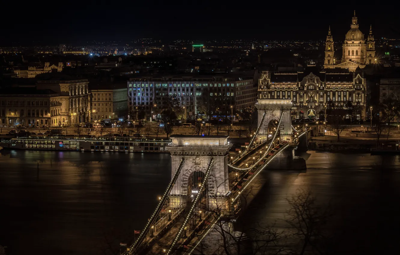 Фото обои ночь, огни, река, панорама, Венгрия, Будапешт, Дунай, Цепной мост