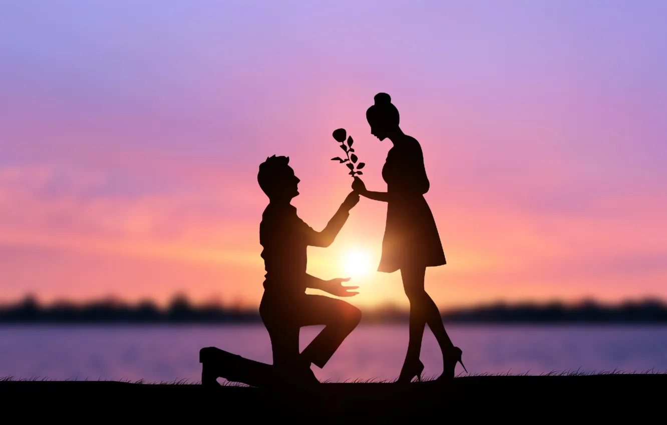 Фото обои любовь, влюбленные, признание, Romantic, Романтика, lover, confession, sunset silhouettes