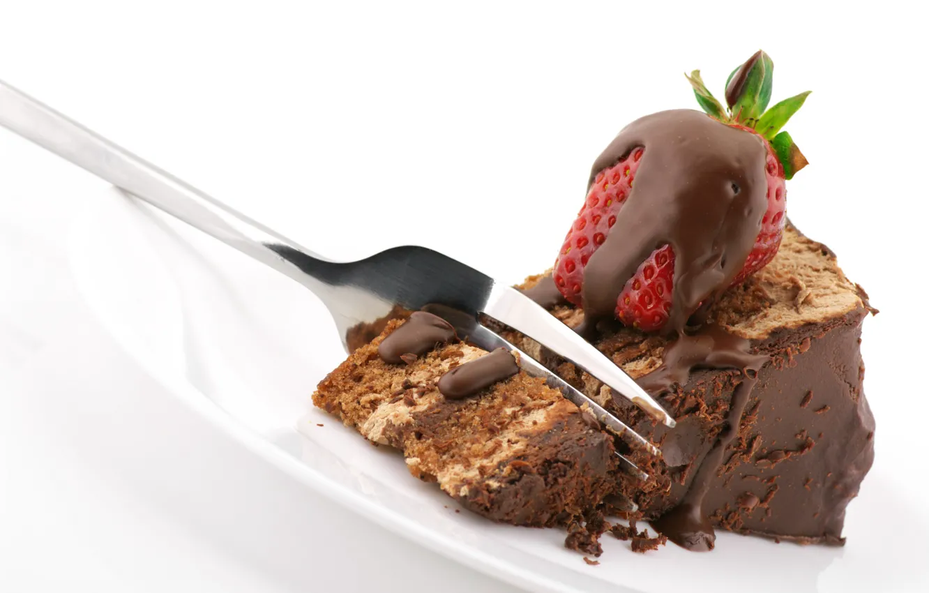 Фото обои шоколад, клубника, торт, вилка, крем, десерт, кусок, сладкое