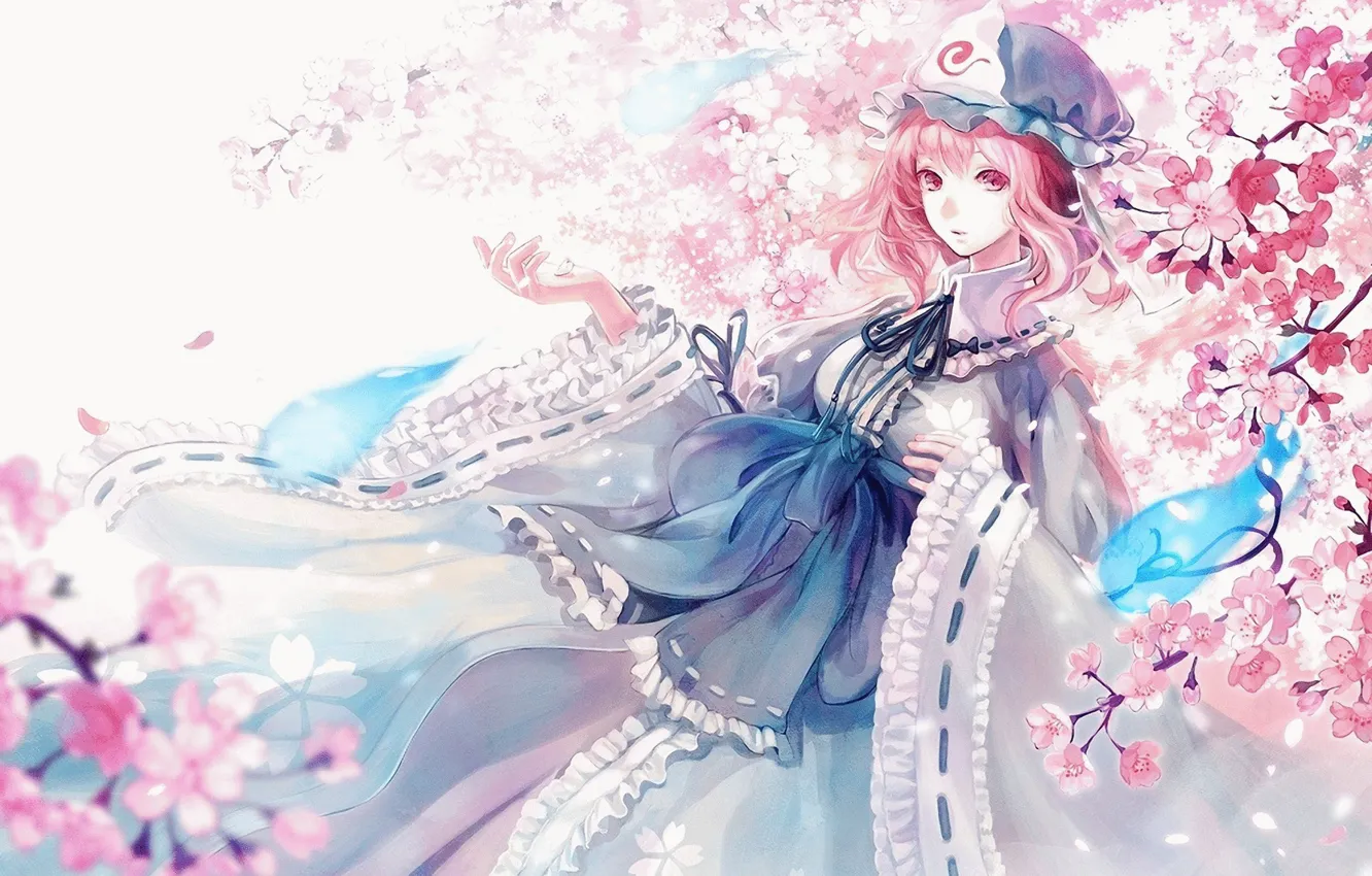 Фото обои бант, чепчик, оборки, розовые волосы, Saigyouji Yuyuko, рюшечки, Touhou Project, пышная юбка