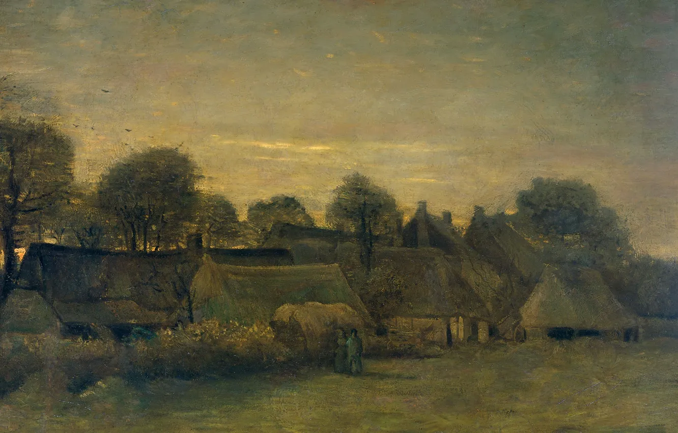 Фото обои дом, масло, картина, Винсент ван Гог, Деревня Вечером