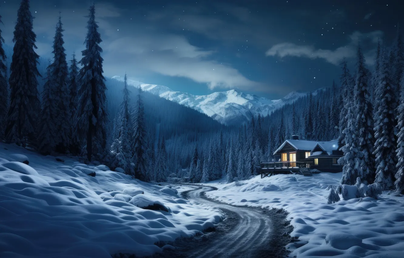 Фото обои зима, лес, снег, горы, ночь, природа, домик, house