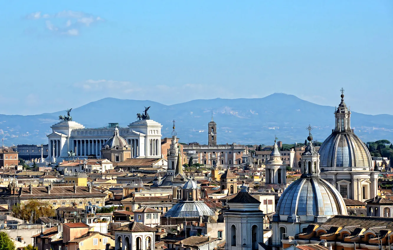 Фото обои небо, горы, дома, крыши, купол, италия, рим, Витториано