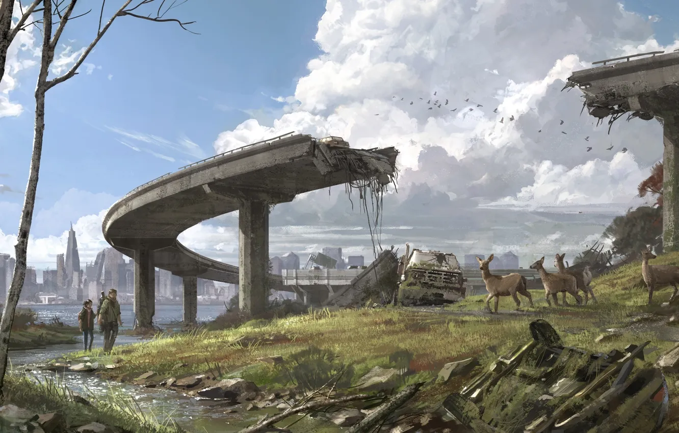 Фото обои животные, мост, город, руины, Элли, сша, The Last of Us, Джоэл