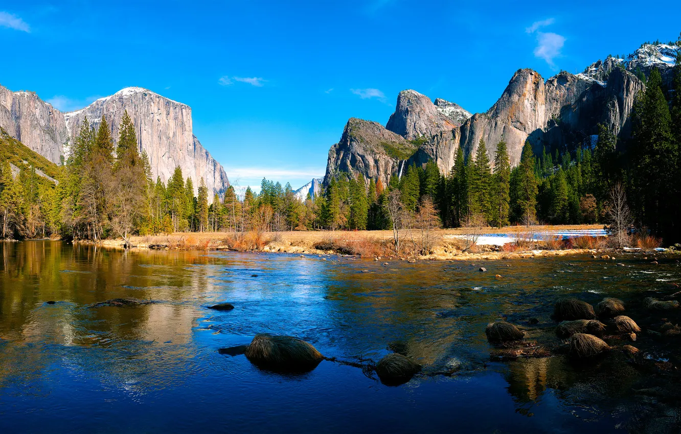Фото обои лес, горы, природа, река, камни, Yosemite, National park, Valley View