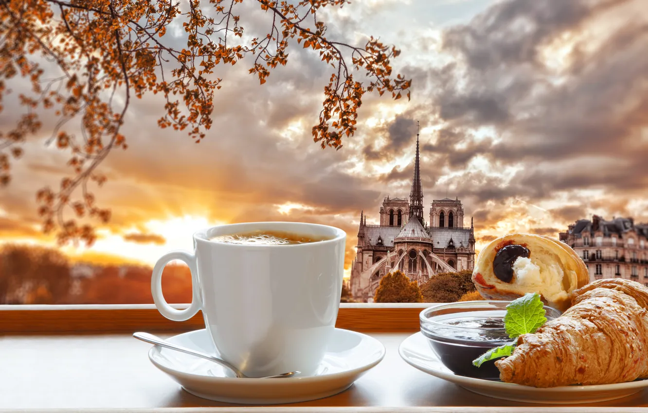 Фото обои Париж, кофе, завтрак, Paris, cathedral, France, Notre Dame, cup