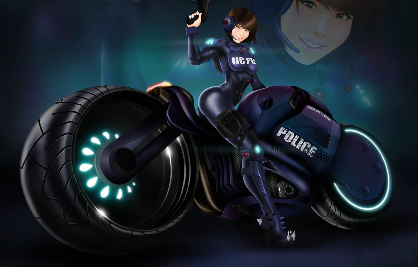 Фото обои девушка, полиция, костюм, мотоцикл, каблуки, байк