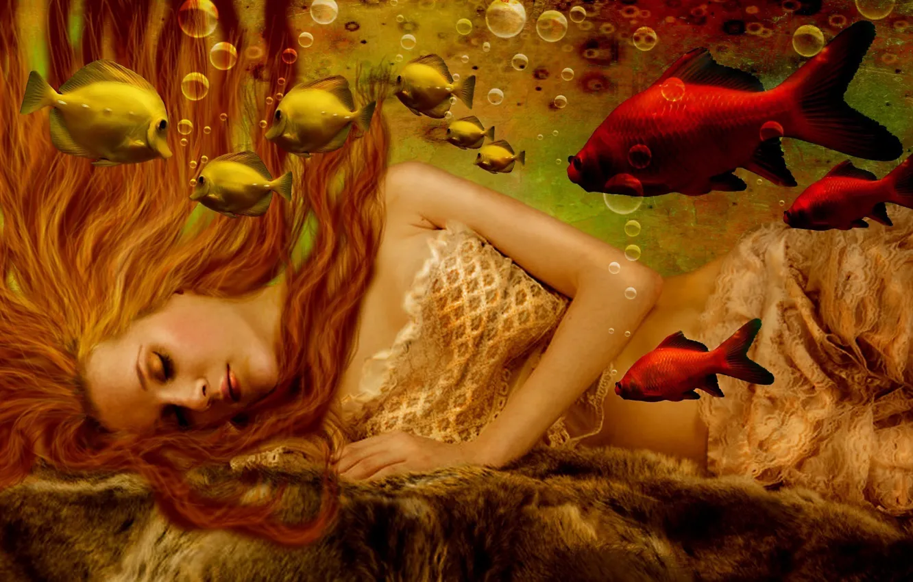 Фото обои вода, девушка, рыбки, пузырьки, лицо, фантастика, волосы, русалка