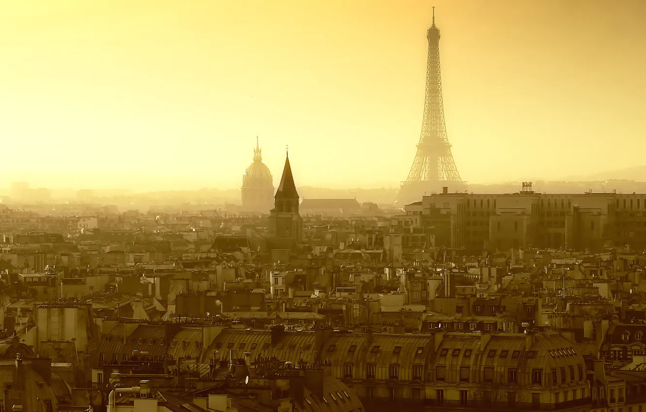 Фото обои крыша, небо, страны, города, улица, эйфелева башня, окна, париж