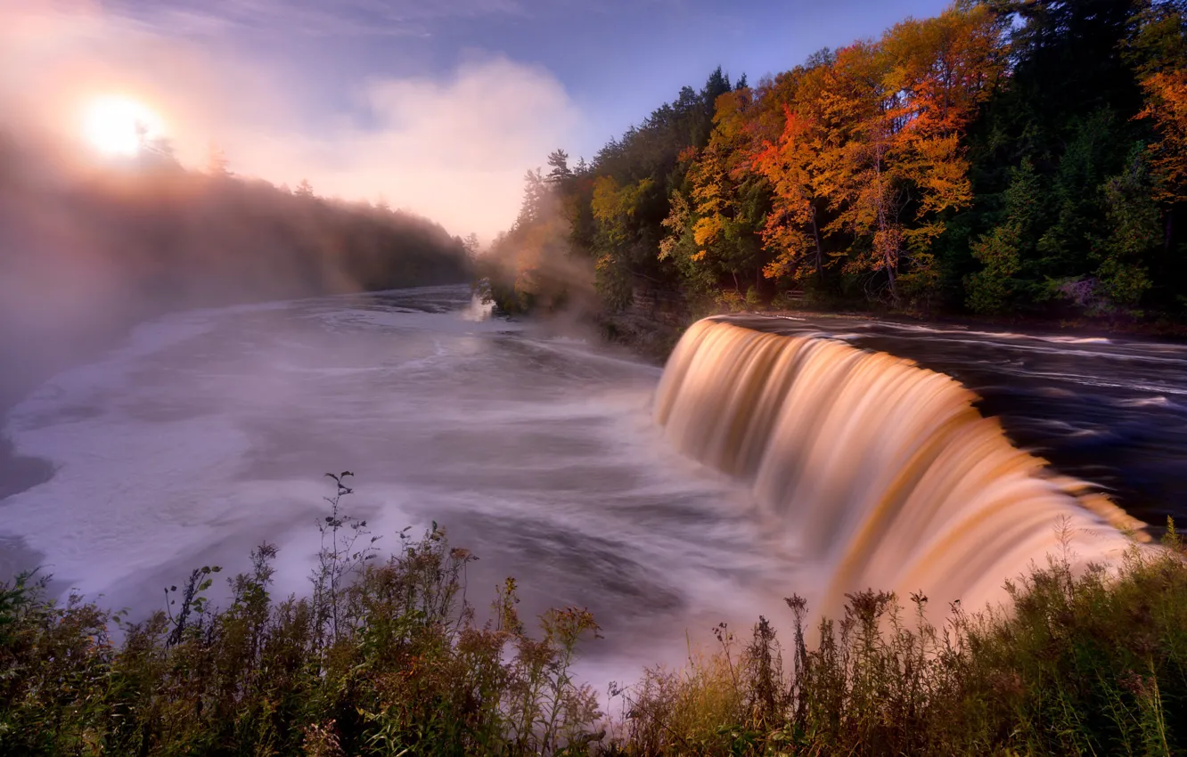 Фото обои осень, пейзаж, природа, туман, парк, река, рассвет, водопад