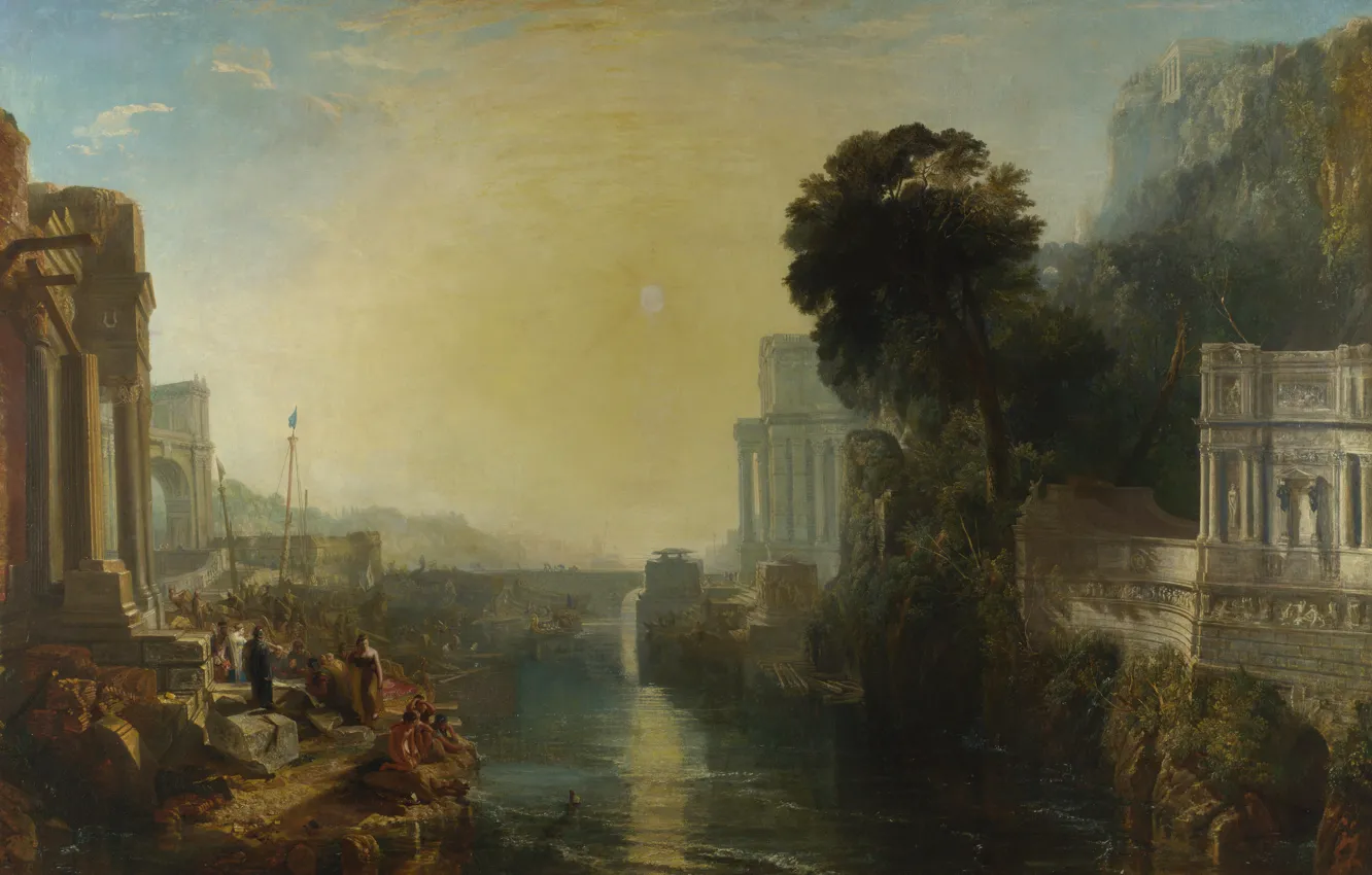 Фото обои пейзаж, мост, река, картина, миф, Уильям Тёрнер, Dido Building Carthage