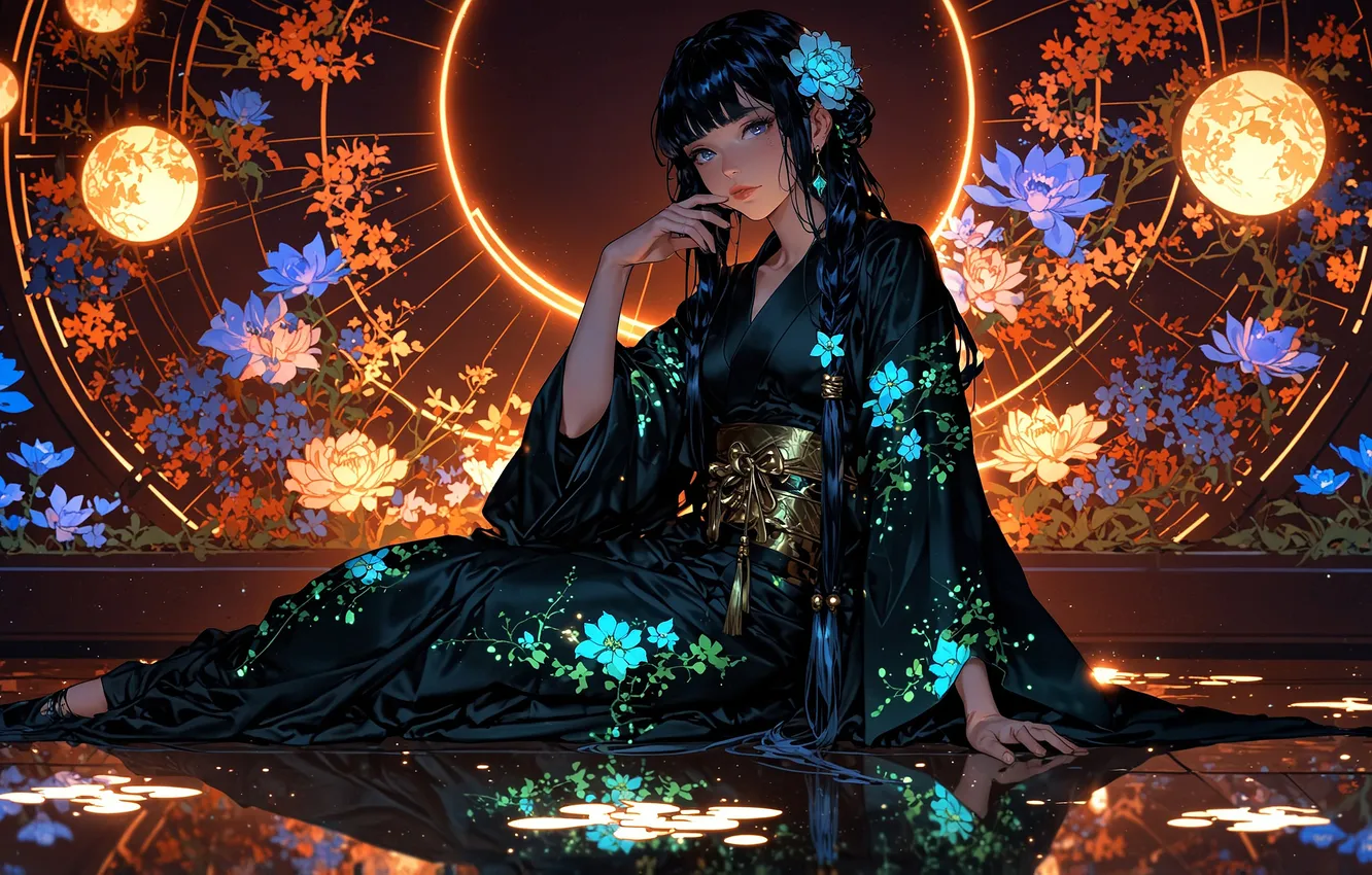 Фото обои girl, anime, flowers, Neon, kimono, AI Art