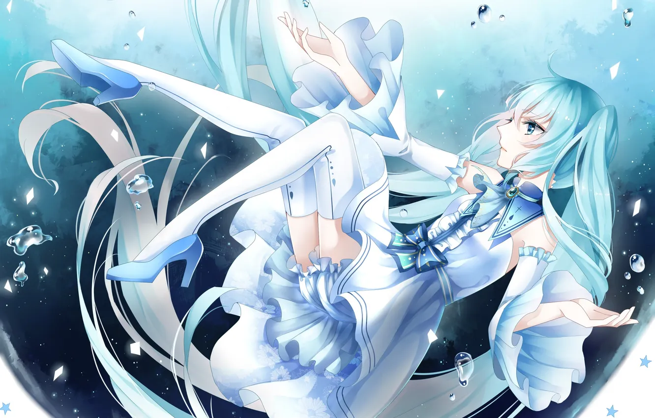 Фото обои девушка, пузыри, чулки, аниме, арт, vocaloid, hatsune miku, под водой