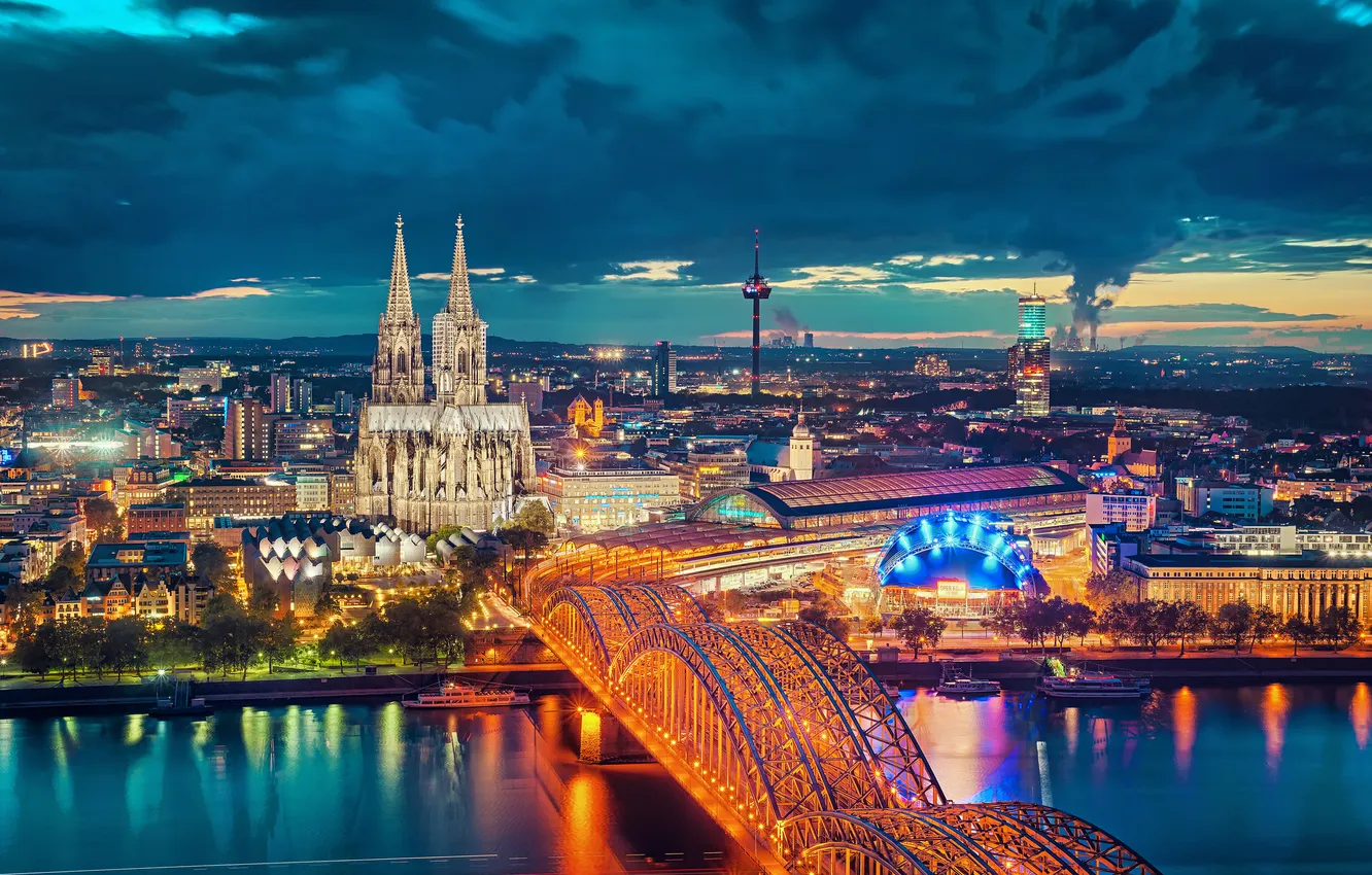 Фото обои мост, город, огни, река, вечер, Германия, Кёльнский собор, Кёльн