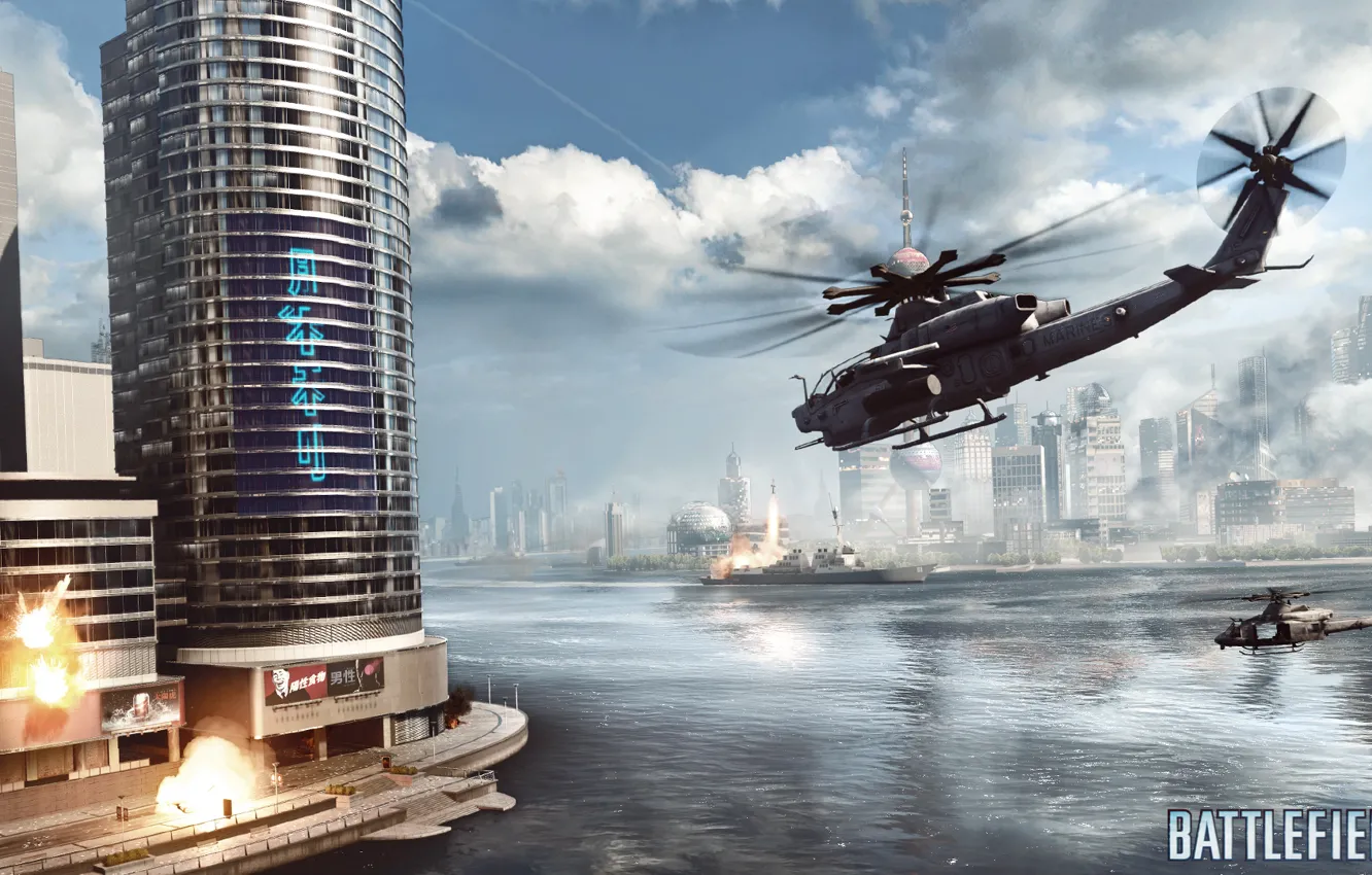 Фото обои вертолёт, небоскрёб, Battlefield 4, Siege on Shanghai