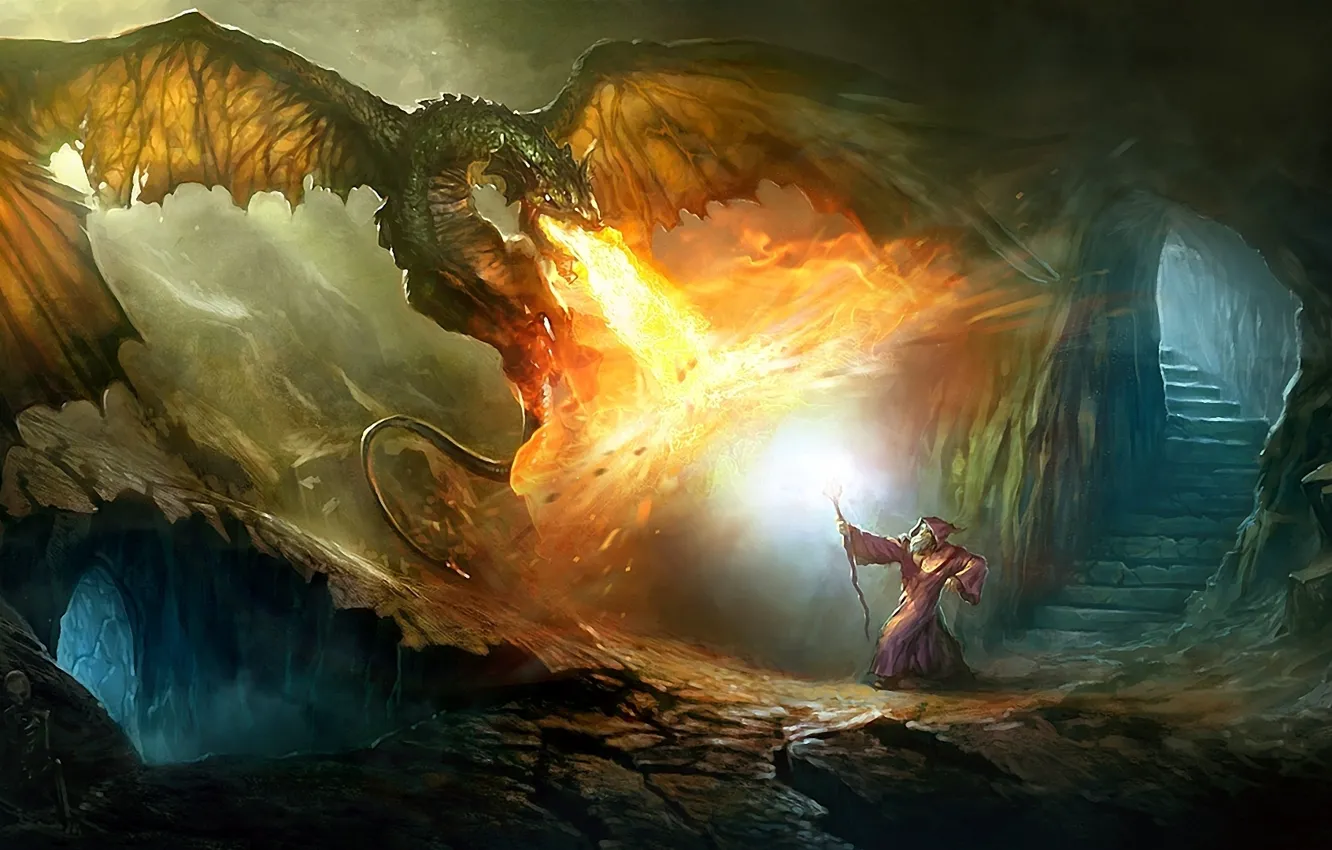Фото обои огонь, магия, дракон, лестница, скелет, маг, ступеньки, посох