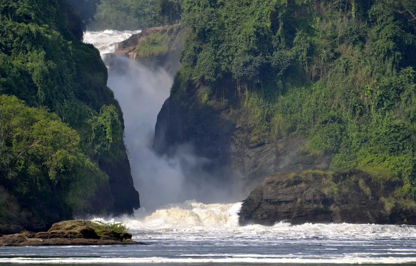 Фото обои зелень, пена, брызги, река, скалы, водопад, поток, Africa