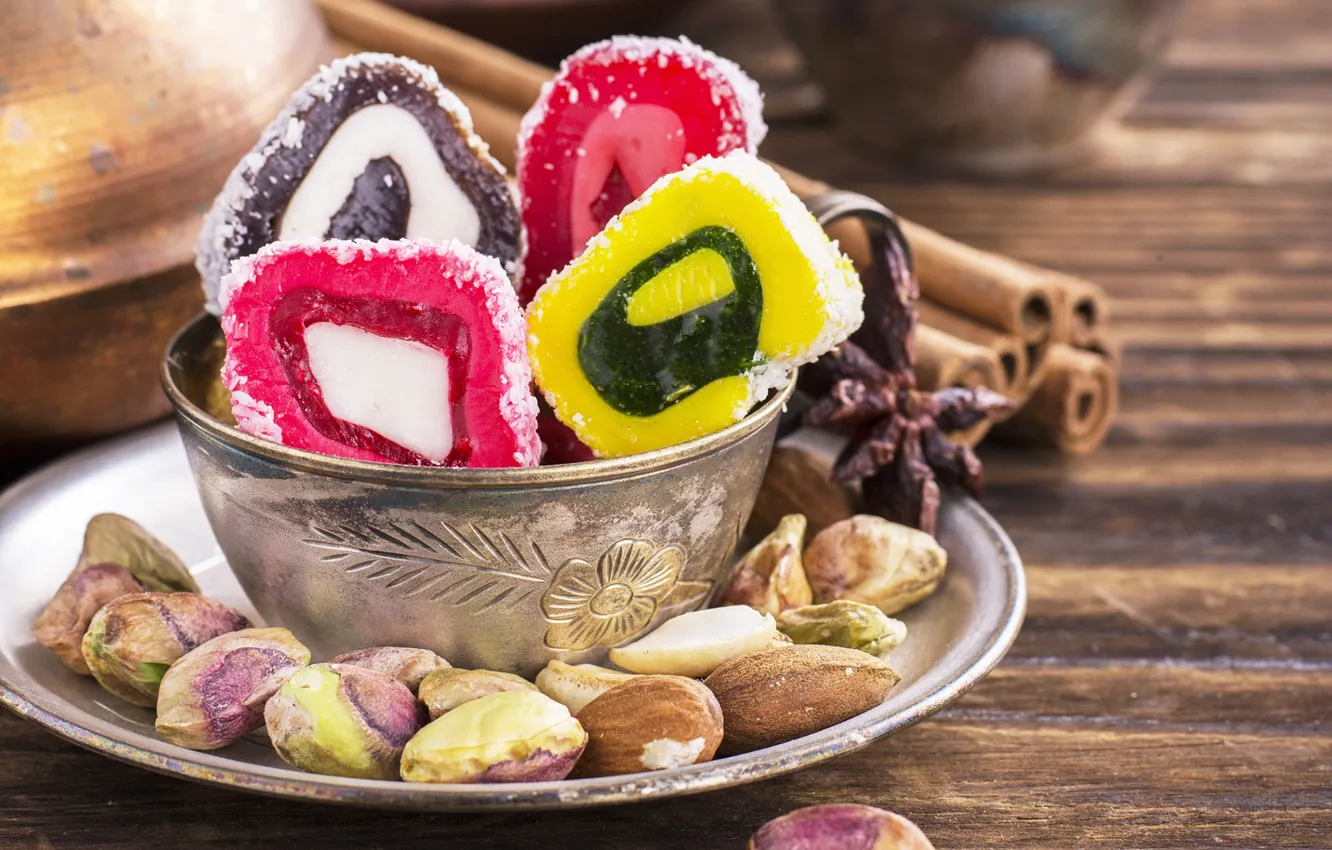 Фото обои орехи, корица, nuts, мармелад, sweets