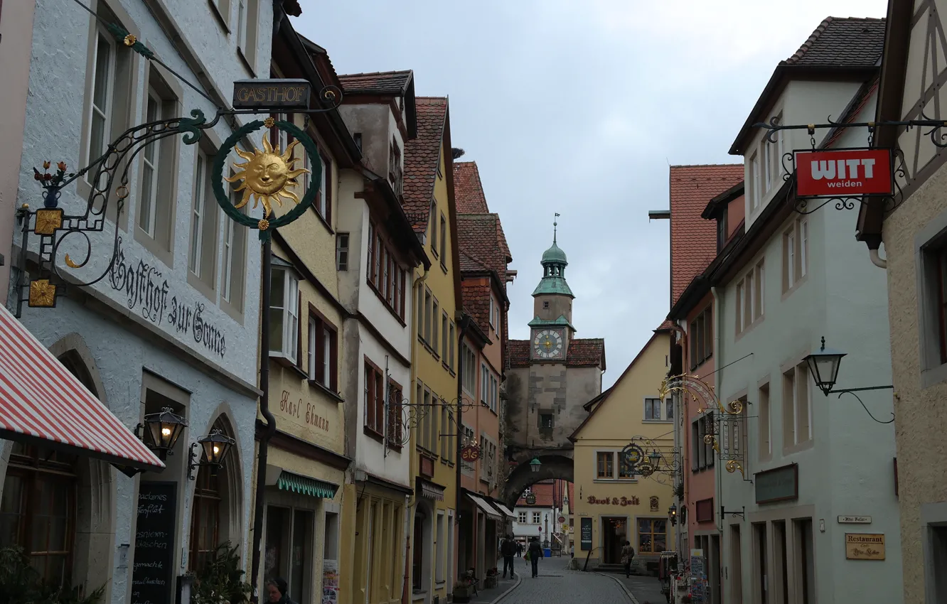 Фото обои улица, часы, башня, дома, Германия, Бавария, арка, Ротенбург-на-Таубере