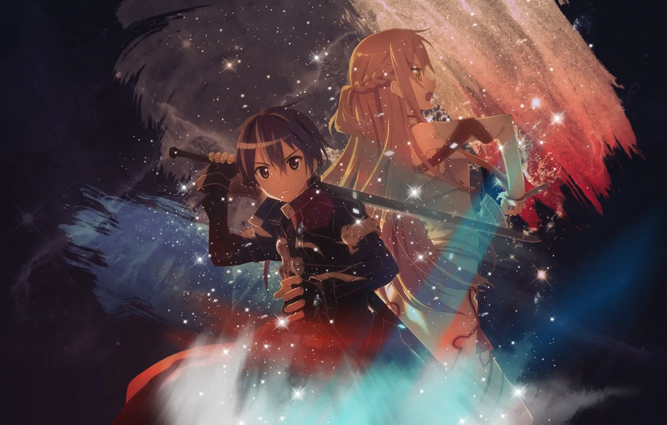 Фото обои меч, искры, Kirito, Kirigaya Kazuto, спина к спине, Asuna, голубой свет, Sword art Online