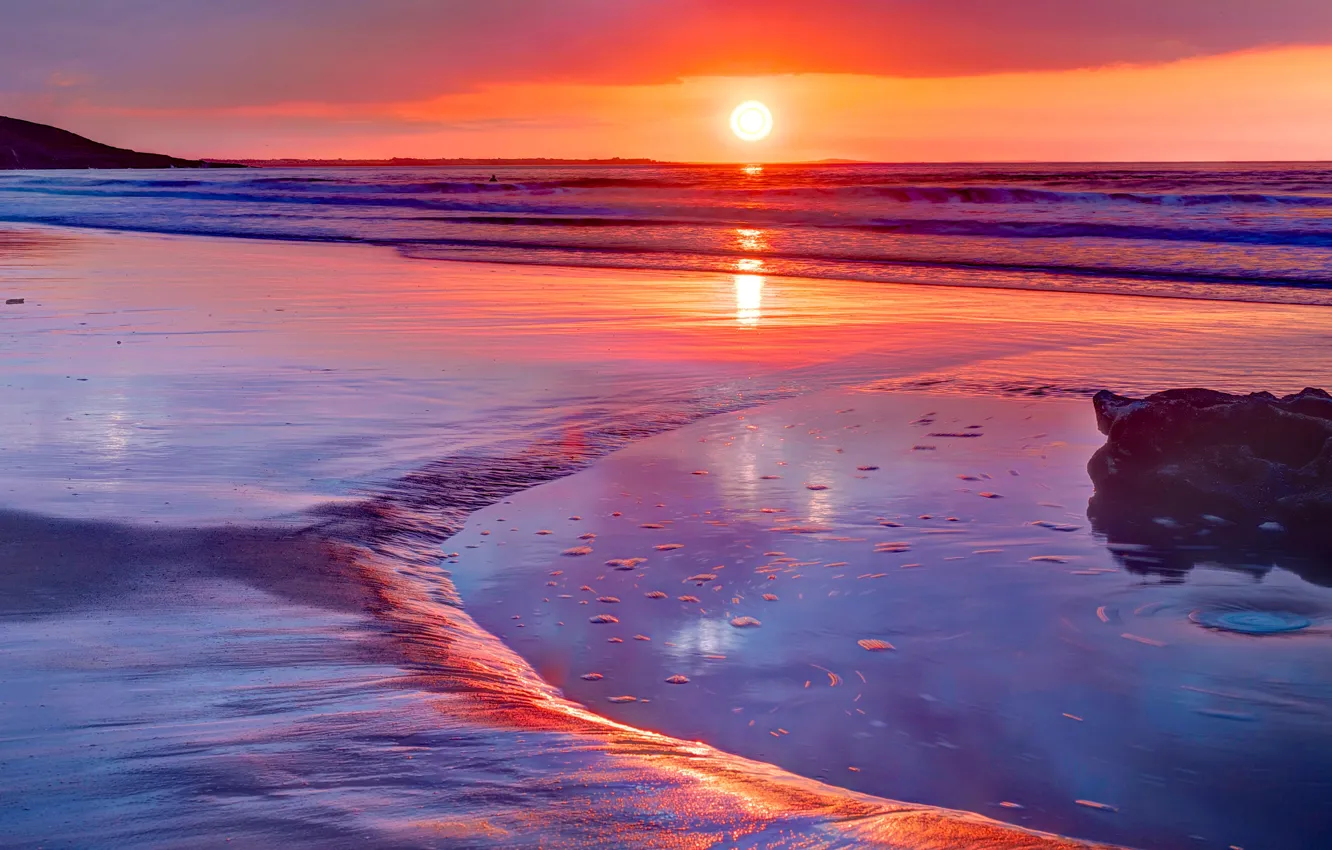 Фото обои море, пляж, небо, закат, яркие, цвет, вечер, прибой