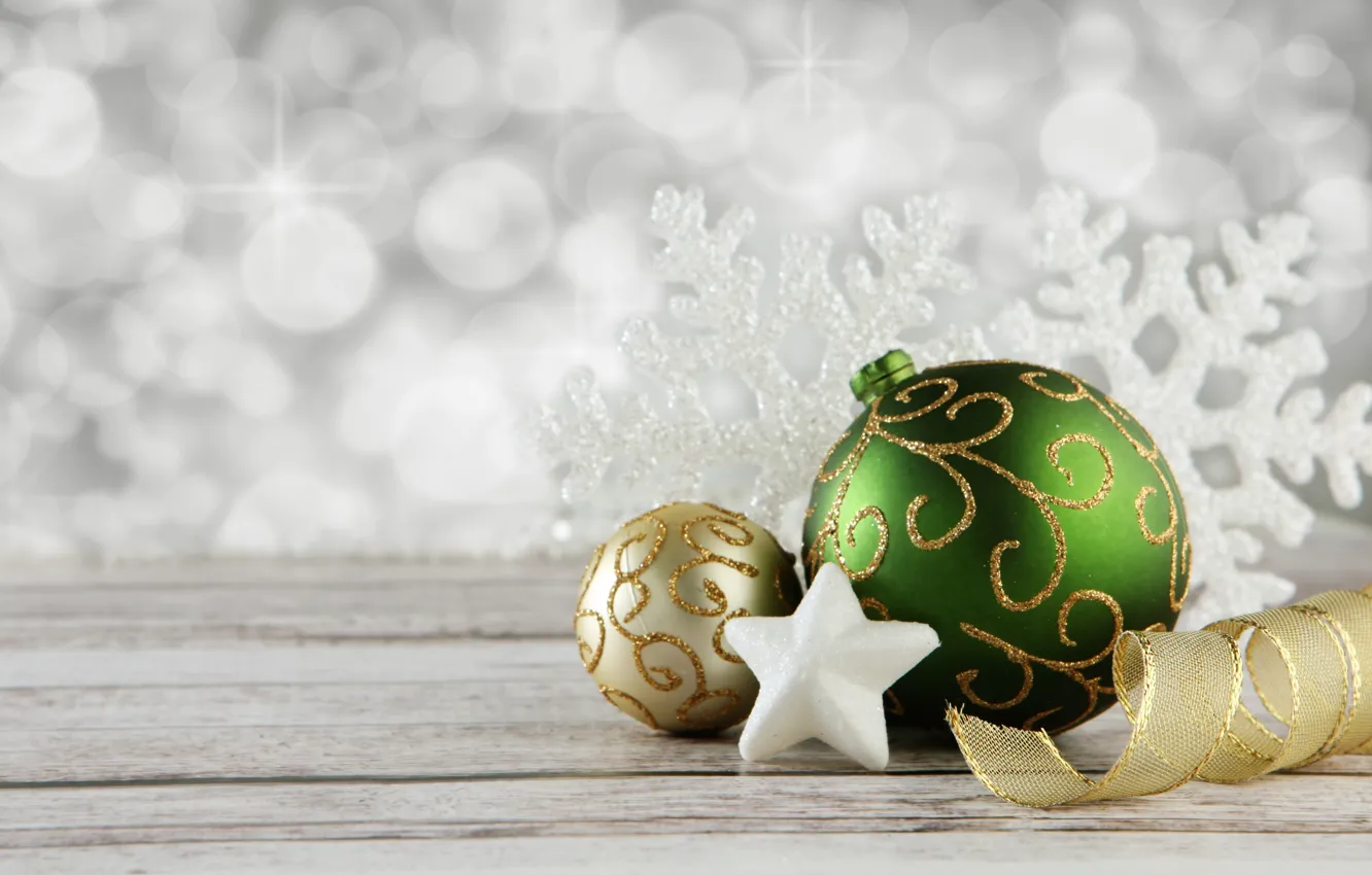 Фото обои украшения, праздник, шары, звезда, новый год, лента, снежинка