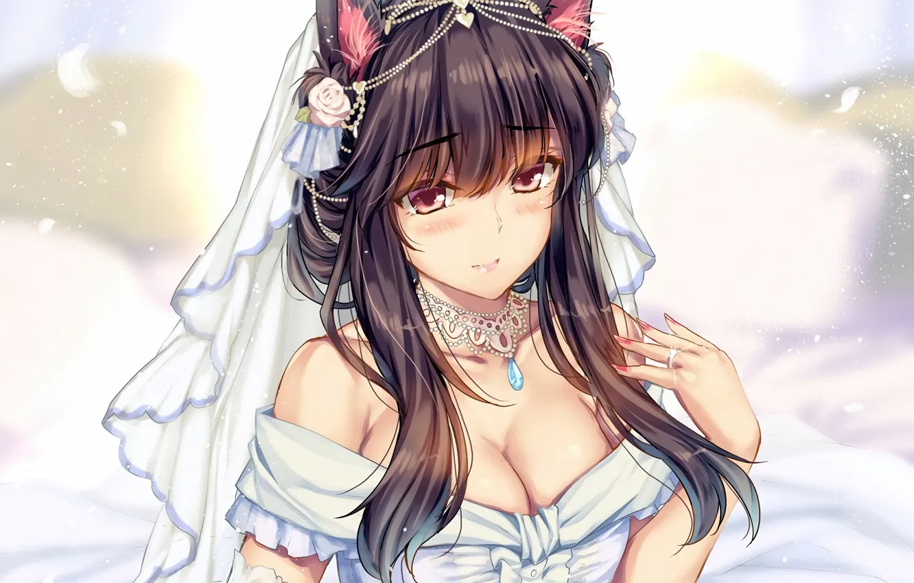 Фото обои girl, sexy, cleavage, long hair, dress, brown hair, boobs, animal ears