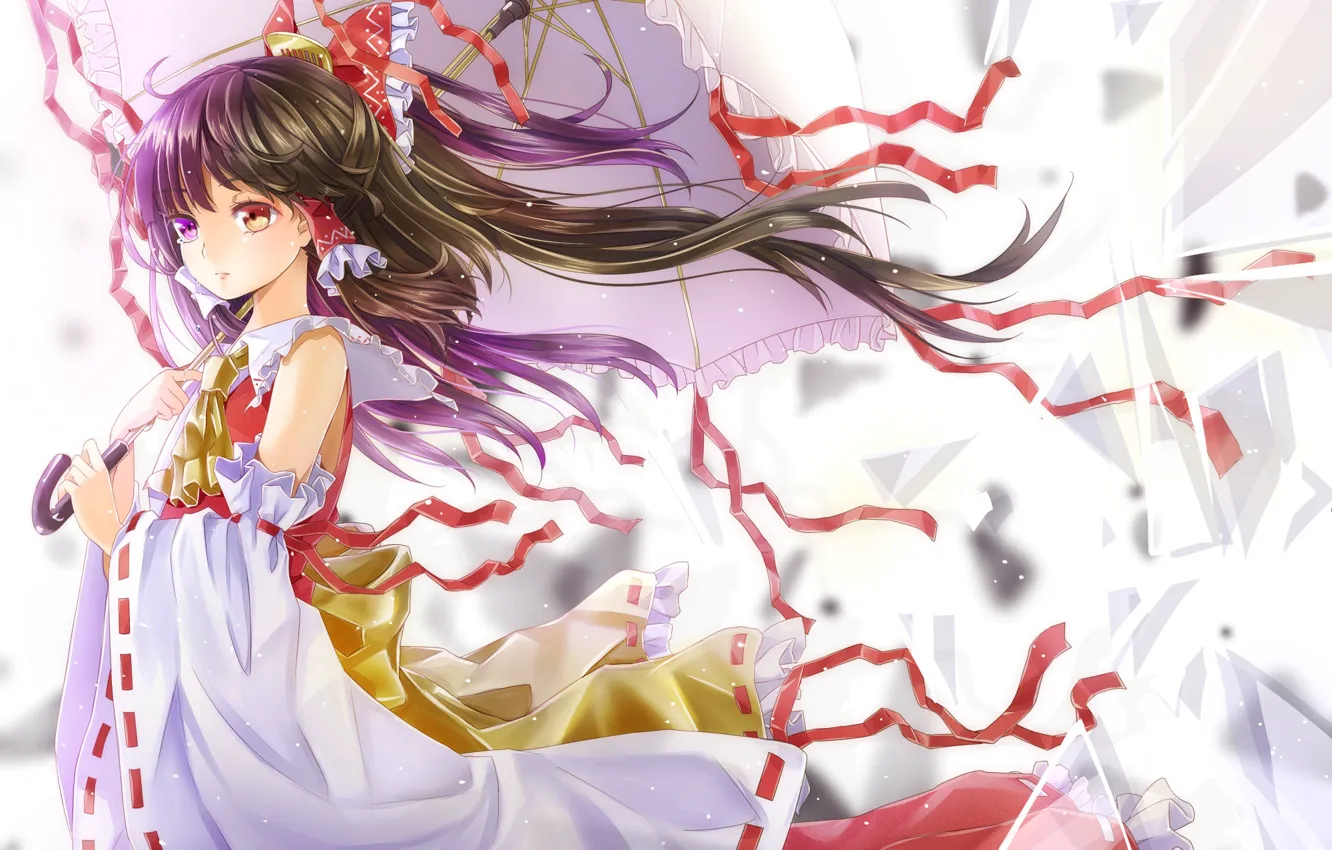 Фото обои ветер, зонт, жрица, длинные волосы, touhou, art, красная лента, осколки стекла